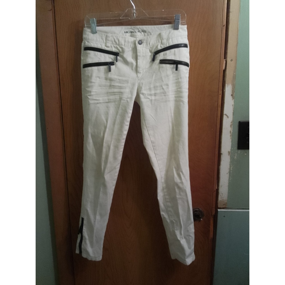 Woman's Michael Kors White Moto Stretch Skinny Ankle Jegging Jeans With Black...